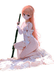 Rule 34 | 1girl, absurdres, aqua nails, bare legs, bare shoulders, breasts, brown eyes, closed mouth, dated commentary, dress, full body, gun, high heels, highres, holding, holding gun, holding weapon, jewelry, long hair, long sleeves, medium breasts, nail polish, necklace, on one knee, orange hair, original, revealing clothes, setsunelhr, simple background, smile, solo, thighs, very long hair, weapon, white background, white dress, white footwear