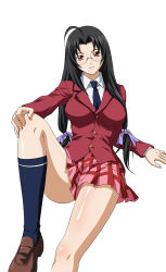 Rule 34 | 1girl, ahoge, blazer, breasts, female focus, glasses, hand on own knee, ikkitousen, jacket, kaku bunwa, large breasts, loafers, long hair, long sleeves, looking at viewer, miniskirt, necktie, red eyes, school uniform, shirt, shoes, simple background, skirt, solo, twintails, white background, white shirt