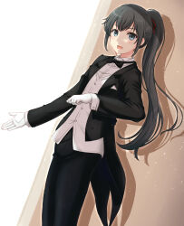 Rule 34 | 1girl, absurdres, black hair, blue eyes, bow, bowtie, butler, commentary request, costume, female butler, gloves, hair between eyes, highres, inanaki shiki, jacket, long hair, looking at viewer, open mouth, ponytail, ribbon, simple background, solo, white gloves, yahari ore no seishun lovecome wa machigatteiru., yukinoshita yukino