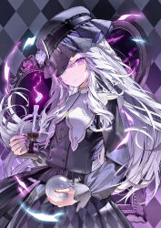 Rule 34 | 1girl, argyle, argyle background, argyle clothes, black dress, black hat, blue eyes, candle, closed mouth, crystal ball, dress, fire, hat, heterochromia, highres, holding, holding candle, kitada mo, long hair, long sleeves, looking at viewer, original, puffy sleeves, purple eyes, purple fire, solo, white hair