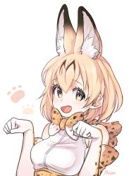 Rule 34 | 10s, 1girl, :d, animal ears, animal print, artist name, bad id, bad twitter id, bare shoulders, blonde hair, bow, bowtie, breasts, brown dress, brown gloves, dress, elbow gloves, gloves, hair between eyes, hands up, high-waist skirt, highres, kemono friends, looking at viewer, medium breasts, open mouth, panza, paw pose, paw print, serval (kemono friends), serval print, shirt, short dress, short hair, simple background, skirt, sleeveless, sleeveless shirt, smile, solo, upper body, white background, white gloves, white shirt, yellow eyes
