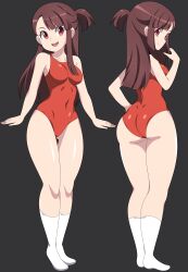 Rule 34 | 1girl, absurdres, abysswatchers, ass, breasts, brown hair, collarbone, curvy, eyebrows hidden by hair, from behind, grey background, hand on own hip, highres, huge ass, kagari atsuko, little witch academia, long hair, looking at viewer, looking back, medium breasts, one-piece swimsuit, open mouth, red eyes, smile, socks, solo, standing, swimsuit, thick thighs, thighs