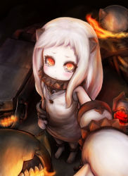 Rule 34 | 10s, 1girl, abyssal ship, ankle cuffs, bare shoulders, barefoot, blush, cuffs, dress, foreshortening, gloves, highres, horns, kantai collection, khn, khn (kihana), long hair, looking at viewer, machinery, mittens, northern ocean princess, orange eyes, pale skin, pov, shackles, shirt tug, slit pupils, tears, white dress, white gloves, white hair, white mittens