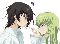 Rule 34 | 1boy, 1girl, ?, assertive female, black hair, budgiepon, c.c., close-up, closed mouth, code geass, collared shirt, commentary request, couple, eye contact, eyelashes, food, food in mouth, from side, green hair, hair between eyes, hand up, hetero, highres, lelouch vi britannia, light blush, long hair, long sleeves, looking at another, nose, pocky, pocky in mouth, pocky kiss, profile, purple eyes, shared food, shirt, short hair, sidelocks, simple background, smile, spiked hair, straight hair, white background, white shirt, yellow eyes
