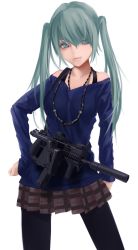 Rule 34 | 1girl, contrapposto, green eyes, green hair, gun, hand on own hip, hatsune miku, highres, jewelry, koh (minagi kou), kriss super v, matching hair/eyes, necklace, pantyhose, simple background, skirt, solo, standing, submachine gun, suppressor, twintails, vertical forward grip, vocaloid, weapon, white background