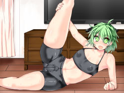 Rule 34 | 1boy, arm support, bare shoulders, bike shorts, blush, bulge, crossdressing, erection, erection under clothes, gender request, genderswap, green eyes, green hair, hisui (stapspats), leg hold, leg up, looking at viewer, male focus, matching hair/eyes, midriff, on floor, open mouth, smile, soga no tojiko, solo, sports bra, spread legs, thighs, touhou, trap