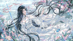 Rule 34 | 1girl, artist request, beads, black hair, bubble, cleavage cutout, clothing cutout, dress, facial mark, flower, forehead mark, highres, long hair, long sleeves, looking at viewer, lu xueqi (zhu xian), parted lips, reverse grip, second-party source, solo, sword, teeth, upper body, water, weapon, white dress, zhu xian