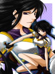 Rule 34 | age difference, armor, ayra (fire emblem), bad id, bad pixiv id, black hair, boots, earrings, fingerless gloves, fire emblem, fire emblem: genealogy of the holy war, gloves, jewelry, larcei (fire emblem), long hair, miniskirt, mother and daughter, nintendo, purple eyes, short hair, skirt, tomygrave