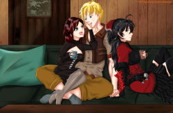 Rule 34 | 1boy, 2girls, black hair, blonde hair, blue eyes, commentary, commission, couch, cup, hand in own hair, icesticker, multiple girls, polygamy, raven branwen, red eyes, red hair, rwby, sandwiched, grey eyes, summer rose, taiyang xiao long, teacup, watermark, web address
