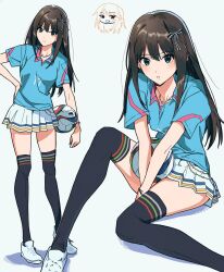 Rule 34 | 1girl, aqua shirt, ball, black hair, black thighhighs, bloom into me15, collared shirt, green eyes, hand on own hip, highres, holding, holding ball, idolmaster, idolmaster cinderella girls, jewelry, long hair, looking at viewer, multiple views, necklace, open mouth, pleated skirt, shibuya rin, shirt, shoes, short sleeves, skirt, smile, soccer ball, soccer uniform, sportswear, standing, thighhighs, white footwear, white skirt