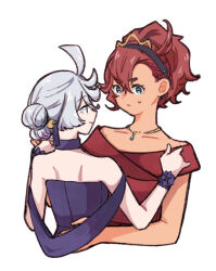 Rule 34 | 2girls, ahoge, bare shoulders, black hairband, blue choker, blue dres, blue eyes, choker, dancing, dress, formal, grey hair, gundam, gundam suisei no majo, hair between eyes, hair ornament, hair up, hairband, hairpin, hand on another&#039;s back, holding hands, jewelry, looking at another, miorine rembran, multiple girls, necklace, nervous, official alternate costume, official alternate hairstyle, red dress, red hair, suletta mercury, sweatdrop, tiara, upper body, vt104k, white background