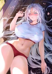 Rule 34 | 1girl, aqua eyes, blush, breasts, buruma, commentary request, hand up, highres, large breasts, long hair, looking at viewer, lying, navel, obiwan, on back, original, parted bangs, parted lips, red buruma, shirt, short sleeves, signature, solo, stomach, thighs, weisuoxin, white hair, white shirt