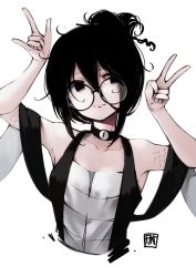 Rule 34 | 1girl, a:n (angrynum), arm up, artist logo, bare shoulders, black collar, black eyes, black hair, breasts, closed mouth, collar, collarbone, commentary, cropped torso, english commentary, glasses, hair between eyes, hand up, long bangs, looking at viewer, m/, no pupils, original, psd available, round eyewear, scales, shawl, sidelocks, simple background, small breasts, smile, solo, upper body, v, white background