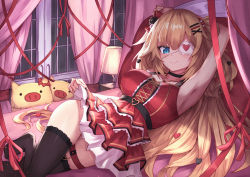 Rule 34 | 1girl, absurdres, akai haato, akai haato (gothic lolita), armpits, arms up, bare shoulders, bed, black choker, black thighhighs, blonde hair, blue eyes, blush, breasts, choker, closed mouth, collarbone, commentary request, curtains, dress, eyepatch, haaton (akai haato), hair between eyes, hair ornament, hairclip, heart, heart hair ornament, highres, hololive, huge filesize, indoors, lampshade, layered dress, long hair, looking at viewer, lying, masaki (msk064), medium breasts, no shoes, on bed, on side, pleated dress, red dress, red ribbon, ribbon, single sleeve, smile, thighhighs, very long hair, virtual youtuber, window, x hair ornament