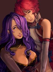 Rule 34 | 2girls, breasts, camilla (fire emblem), cleavage cutout, clothing cutout, curly hair, elbow gloves, fire emblem, fire emblem fates, gloves, grin, hair over one eye, highres, hinoka (fire emblem), large breasts, looking at viewer, multiple girls, nintendo, purple hair, red hair, smile, yusaname
