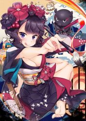 Rule 34 | 1girl, :q, bad anatomy, bare shoulders, barefoot, black hair, blue eyes, breasts, broken spine, calligraphy brush, cat, cleavage, fate/grand order, fate (series), feet, flower, hair flower, hair ornament, hairpin, highres, ink, japanese clothes, katsushika hokusai (fate), kimono, ko yu, looking at viewer, medium breasts, obi, paintbrush, sash, short hair, soles, solo, toes, tongue, tongue out