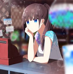 Rule 34 | 1girl, a.a (aa772), alternate costume, blue eyes, blunt bangs, blurry, brown hair, cash register, depth of field, hakama-chan (aa), hand on own chin, hand on own face, head rest, highres, original, ponytail, shirt, solo, t-shirt