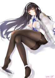 Rule 34 | 1girl, ass, bad id, bad tumblr id, between breasts, black hair, black pantyhose, blush, breasts, cameltoe, cape, closed mouth, commentary request, covered erect nipples, crossed legs, flats, floating hair, flower, full body, girls&#039; frontline, gloves, hair flower, hair ornament, hairband, head tilt, highres, large breasts, long hair, looking at viewer, necktie, necktie between breasts, neco meito, open mouth, panties, panties under pantyhose, pantyhose, shirt, shoe dangle, sidelocks, simple background, sitting, skirt, smile, solo, thighband pantyhose, type 95 (girls&#039; frontline), underwear, very long hair, white background, white footwear, white gloves, white hairband, white panties, white shirt, white skirt, yellow eyes