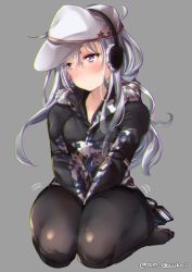 Rule 34 | 1girl, alternate costume, between legs, black pantyhose, blue eyes, blush, camouflage, camouflage jacket, chromatic aberration, closed mouth, flat cap, grey background, hair between eyes, half-closed eyes, hammer and sickle, hat, hibiki (kancolle), jacket, juurouta, kantai collection, long hair, looking at viewer, pantyhose, red star, silver hair, simple background, sitting, solo, star (symbol), thighs, verniy (kancolle), wariza, white hat, winter clothes