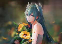Rule 34 | 1girl, aqua eyes, aqua hair, bad id, bad pixiv id, bare shoulders, blurry, blurry background, bouquet, commentary request, erjian, flower, hair between eyes, hair ribbon, hatsune miku, highres, holding, holding bouquet, long hair, looking at viewer, number tattoo, petals, pink ribbon, ribbon, solo, tattoo, twintails, vocaloid