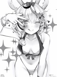 Rule 34 | 1girl, absurdres, ahoge, animal ear fluff, animal ears, bare shoulders, bikini, blush, braid, breasts, cleavage, collarbone, fox ears, fox girl, fox tail, hair between eyes, hair ornament, highleg, highleg swimsuit, highres, hololive, hololive summer 2023 swimsuit, licking lips, looking at viewer, medium breasts, multicolored hair, nail polish, nanashi (nlo), navel, omaru polka, one eye closed, short hair, smile, solo, star (symbol), star in eye, streaked hair, striped bikini, striped clothes, swimsuit, symbol in eye, tail, tongue, tongue out, v, virtual youtuber, white background