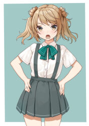 Rule 34 | 1girl, blue background, bow, bowtie, collared shirt, commission, double bun, dress shirt, green bow, green bowtie, grey skirt, hair bun, hands on own hips, kantai collection, light brown hair, michishio (kancolle), mitsuyo (mituyo324), pleated skirt, shirt, short sleeves, short twintails, skirt, solo, suspender skirt, suspenders, twintails, white shirt, yellow eyes