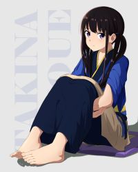 Rule 34 | 1girl, absurdres, barefoot, black hair, blue kimono, character name, closed mouth, commentary request, feet, highres, inoue takina, japanese clothes, kimono, long hair, looking at viewer, lycoris recoil, purple eyes, resolution mismatch, revision, sitting, solo, source smaller, tbear, toenails, toes