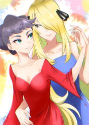 Rule 34 | 2girls, blonde hair, braid, braided bun, breasts, cleavage, collarbone, creatures (company), cynthia (pokemon), diantha (pokemon), eyeshadow, game freak, green eyes, grey eyes, grey hair, hair bun, hair over one eye, highres, holding hands, long hair, looking at another, makeup, multiple girls, nintendo, parted lips, pokemon, pokemon dppt, pokemon xy, short hair, smile, upper body, yao (evep3835), yuri