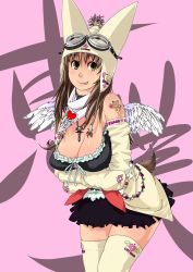 Rule 34 | 1girl, :p, absurdres, animal ears, bare shoulders, breasts, brown hair, cleavage, goggles, goggles on head, green eyes, hat, highres, jewelry, large breasts, lifeguard, long hair, original, ring, solo, tail, tattoo, thighhighs, tongue, tongue out, wings, yakibuta (shimapow)