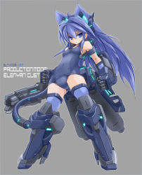 Rule 34 | 1girl, alternate color, animal ears, blue eyes, blue hair, blue one-piece swimsuit, blue thighhighs, breasts, cannon, cat ears, covered navel, densou tenshi valforce, detached sleeves, grey background, headgear, karukan (monjya), kemonomimi mode, long hair, matching hair/eyes, mecha musume, mechanical arms, mechanical tail, misawa elena, neon trim, one-piece swimsuit, school swimsuit, small breasts, solo, standing, swimsuit, tail, thighhighs, thrusters