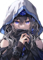 Rule 34 | 1girl, bare shoulders, black scarf, blue nails, commission, drop earrings, earrings, grey hair, hair between eyes, halterneck, hand up, hood, jewelry, long hair, looking at viewer, necklace, original, purple eyes, scarf, scarf over mouth, shiromine kana, skeb commission, solo, sparkling eyes, star-shaped pupils, star (symbol), symbol-shaped pupils, upper body, watermark
