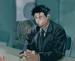 Rule 34 | 1boy, 1other, black eyes, black hair, black jacket, black neckwear, black suit, chair, closed mouth, collared shirt, dress shirt, formal, highres, higuruma hiromi, indoors, jacket, jujutsu kaisen, long sleeves, looking at another, male focus, necktie, own hands together, penguin miko, shirt, short hair, solo focus, suit, upper body, white shirt