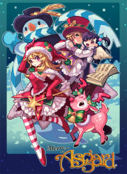 Rule 34 | 1boy, 2girls, :o, bell, bf. (sogogiching), blonde hair, book, bow, cape, carrying, christmas, elbow gloves, gloves, hair ornament, hat, holly, holly hair ornament, looking at viewer, multiple girls, pantyhose, princess carry, purple eyes, purple hair, reindeer, santa costume, santa hat, scarf, sidy, smile, snowman, star (symbol), striped clothes, striped legwear, striped pantyhose, striped scarf, thighhighs, top hat, wand