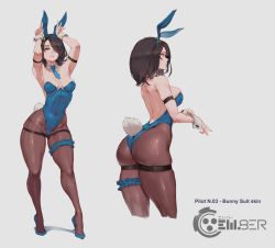 Rule 34 | 1girl, ass, black hair, brown eyes, playboy bunny, cutesexyrobutts, em8er, highres, leotard, looking at viewer, medium hair, pantyhose, parted lips, simple background, wide hips