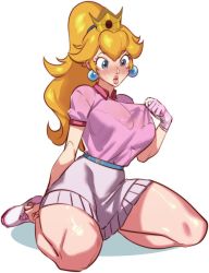 Rule 34 | 1girl, arm support, belt, blonde hair, blue belt, blue eyes, blush, bra, breasts, cleavage, clothes pull, crown, earrings, full body, gloves, hair tie, high ponytail, jewelry, knees, kukumomo, large breasts, lips, long hair, looking down, mario (series), mario golf, mario golf: super rush, nintendo, parted lips, pink footwear, pink gloves, pink lips, pink shirt, pleated skirt, polo shirt, ponytail, princess peach, see-through, see-through shirt, seiza, shadow, shirt, shirt pull, shirt tucked in, shoes, short sleeves, simple background, single glove, sitting, skirt, sneakers, solo, spread legs, sweatdrop, thick lips, thighs, underwear, wet, white background, white footwear, white skirt
