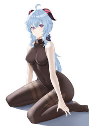 Rule 34 | 1girl, absurdres, ahoge, ailae, bare arms, black legwear, black leotard, blue hair, bodystocking, bodysuit, bow, breasts, covered navel, ganyu (genshin impact), genshin impact, highres, horns, leotard, leotard under clothes, long hair, looking at viewer, low ponytail, medium breasts, no gloves, no shoes, purple eyes, sidelocks, sitting, sleeveless, soles, solo, thighlet, thighs, wariza, white background