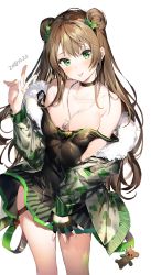 Rule 34 | 1girl, :p, absurdres, ahoge, bare shoulders, black dress, blush, bow, breasts, brown hair, camouflage, camouflage jacket, character name, choker, cleavage, collarbone, dated, dog tags, double bun, dress, fingerless gloves, fur trim, girls&#039; frontline, gloves, green bow, green eyes, hair bow, hair bun, head tilt, highres, jacket, long hair, looking at viewer, medium breasts, off shoulder, rfb (girls&#039; frontline), short dress, sidelocks, smile, solo, tongue, tongue out, umibouzu (niito), v