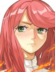 Rule 34 | &gt;:(, 1girl, absurdres, antangonist, arcane odyssey, blush, fire, freckles, green eyes, highres, jacket, long hair, looking at viewer, red hair, shirt, simple background, v-shaped eyebrows, white background, white shirt