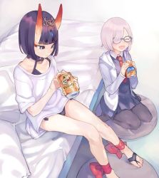 Rule 34 | 2girls, ankle ribbon, barefoot, bed, beer can, blouse, blunt bangs, blush, can, closed eyes, drink can, fate/grand order, fate (series), glasses, hair over one eye, hood, hoodie, horns, leg ribbon, light purple hair, long sleeves, mash kyrielight, multiple girls, necktie, one eye covered, oni, pantyhose, purple eyes, purple hair, red necktie, ribbon, shirt, short hair, short sleeves, shuten douji (fate), skin-covered horns, smile, soda can, urayamashiro (artist), white shirt, yebisu