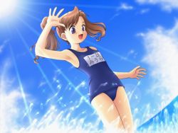 Rule 34 | 1girl, beach, day, game cg, himitsu no koi, lens flare, name tag, one-piece swimsuit, outdoors, satei an, school swimsuit, solo, sparkle, swimsuit, twintails, water, water drop
