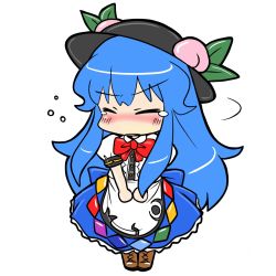 Rule 34 | 1girl, blue hair, blush, boots, chibi, cross-laced footwear, eruru (erl), closed eyes, female focus, food, fruit, hat, highres, hinanawi tenshi, lace-up boots, peach, solo, tears, touhou, v arms