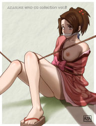Rule 34 | 00s, 1girl, ass, azasuke, bdsm, blush, bondage, bound, bound legs, breast slip, breasts, brown eyes, brown hair, cloth gag, female focus, fuu (samurai champloo), gag, gagged, highres, imminent rape, improvised gag, japanese clothes, kimono, nipples, no bra, no panties, one breast out, open clothes, over the mouth gag, rope, samurai champloo, sandals, scared, shadow, sitting, solo, toes