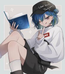 Rule 34 | 1girl, :q, baseball cap, belt, black belt, black footwear, black hat, black shorts, blue hair, book, boots, chain, closed mouth, commentary request, double bun, feet out of frame, fingernails, flat chest, green hair, grey background, hair between eyes, hair bun, hat, hexagram, highres, holding, holding book, index finger raised, long bangs, long sleeves, looking at viewer, marotani, mole, mole under eye, multicolored hair, nanashi inc., official alternate costume, one eye closed, open book, pink eyes, pocket, second-party source, short hair, shorts, smile, socks, solo, split mouth, suzumi nemo, suzumi nemo (2nd costume), sweater, tongue, tongue out, two-tone hair, virtual youtuber, white socks, white sweater