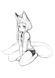 Rule 34 | 1girl, ahoge, animal ear fluff, animal ears, bare legs, between legs, blush, commentary request, fox ears, fox girl (jaco), fox tail, greyscale, hand between legs, jaco, large tail, looking at viewer, monochrome, off shoulder, original, see-through, seiza, shirt, short eyebrows, short hair, short hair with long locks, shorts, sidelocks, simple background, single bare shoulder, sitting, solo, tail, thick eyebrows, white background