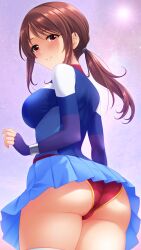 Rule 34 | 1girl, arm at side, ass, blue skirt, breasts, brown hair, closed mouth, cowboy shot, dress, fingerless gloves, from behind, gloves, highres, huge ass, idolmaster, idolmaster cinderella girls, irori (irorixc), large breasts, light blush, long hair, long sleeves, looking at viewer, looking back, low ponytail, mifune miyu, miniskirt, multicolored clothes, multicolored dress, multicolored gloves, panties, pleated skirt, ponytail, red eyes, red panties, sidelocks, skirt, smile, solo, standing, swept bangs, thighhighs, thighs, underwear, white thighhighs, wristband