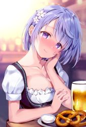 Rule 34 | 1girl, alcohol, beer, beer mug, blue hair, blush, breasts, character request, check character, cleavage, closed mouth, collarbone, commentary request, cup, dirndl, drinking glass, flower, flower knight girl, food, german clothes, hair flower, hair ornament, hand on own cheek, hand on own face, head rest, highres, holding, indoors, ipheion (flower knight girl), large breasts, looking at viewer, medium breasts, mug, nose blush, pretzel, puffy short sleeves, puffy sleeves, purple eyes, rei (rei&#039;s room), short hair, short sleeves, smile, solo, table, upper body