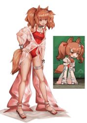 Rule 34 | 1girl, :d, angelina (arknights), angelina (summer flower) (arknights), animal ears, arknights, bad id, bad pixiv id, bare legs, bare shoulders, black choker, blush, breasts, brown eyes, brown hair, chinese commentary, choker, collarbone, commentary request, derivative work, fox ears, fox tail, full body, hair ribbon, hand on own hip, highres, infection monitor (arknights), long hair, multiple views, off shoulder, official alternate costume, one-piece swimsuit, open mouth, red one-piece swimsuit, red ribbon, reference inset, ribbon, sandals, screenshot redraw, simple background, small breasts, smile, spaghetti strap, standing, swimsuit, swimsuit cover-up, tail, the d6, thigh strap, thighs, twintails, white background