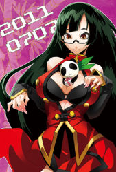 Rule 34 | 1girl, arc system works, bare shoulders, between breasts, black hair, blazblue, blazblue: calamity trigger, breasts, china dress, chinese clothes, cleavage, cleavage cutout, clothing cutout, detached sleeves, dress, gift, glasses, happy birthday, huge breasts, lao jiu, litchi faye ling, long hair, official art, red eyes, solo, very long hair