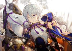 Rule 34 | 1boy, androgynous, armor, blue cape, blue eyes, cape, chinese armor, chinese clothes, commentary request, fate/grand order, fate (series), flower, hair between eyes, headpat, horse, lirica, male focus, multicolored cape, multicolored clothes, one eye closed, open mouth, petals, prince of lan ling (fate), short hair, smile, solo, white flower, white hair, white horse, white petals, yellow cape