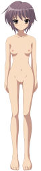 Rule 34 | 1girl, absurdres, barefoot, blush, breasts, brown eyes, cleft of venus, collarbone, feet, female focus, full body, groin, highres, legs, long image, nagato yuki, navel, nipples, nude, nude filter, pussy, short hair, simple background, small breasts, solo, standing, suzumiya haruhi no yuuutsu, tall image, thighs, third-party edit, toes, uncensored, white background